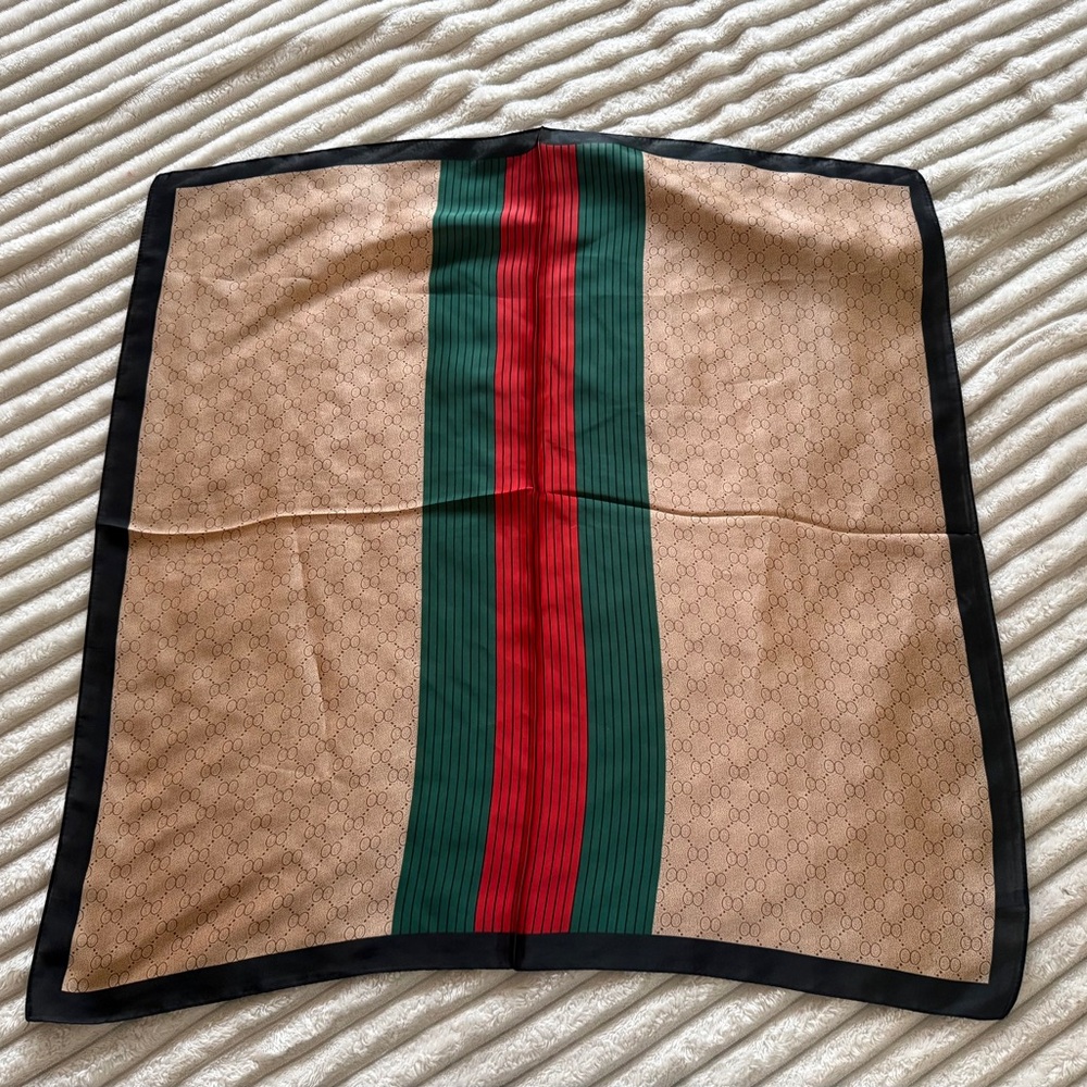 Gucci Beige Pocket Square with Green and Red Center Stripe and Black Border